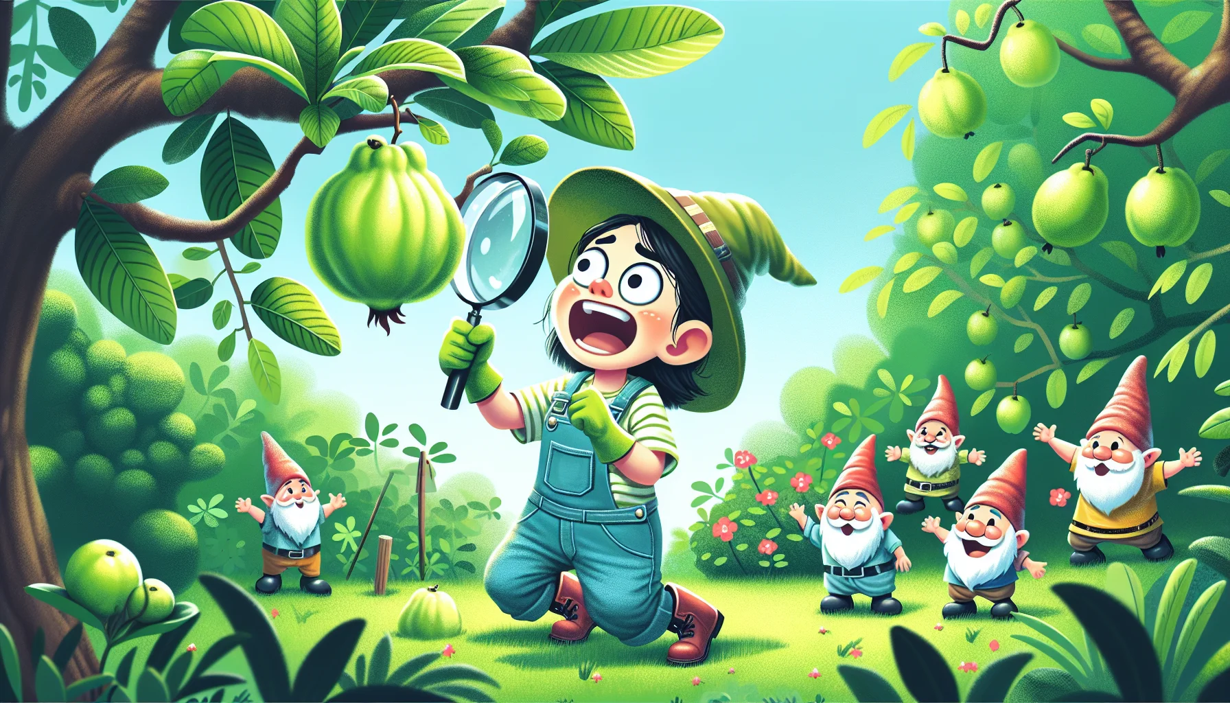 Illustrate a humorous and lighthearted scene revolving around the ripening of a guava fruit in a lush garden. A gardener with Asian descent and female gender is seen anxiously observing the guava tree with a magnifying glass, jumping with joy when she notices the guava turning from green to yellow, a sign of ripeness. She's humorously dressed in oversized gardening gear and has her garden gnome compatriots, laughing and cheering her on. Bring this lively scene to life in a way that promotes the joy of gardening and the rewards of patiently waiting for nature's gifts.