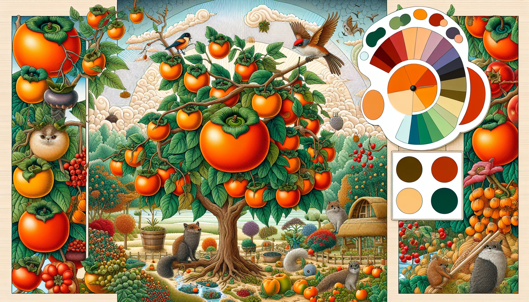 Create an intricately detailed yet humorous scenario depicting the ripening of a persimmon. The artwork should explore the world of gardening in a manner that evokes delight and interest. In the center of the picture, display a vividly colored persimmon ripening on a tree. Accompany this fruit tree with various jovial garden animals - perhaps a chuckling squirrel or a bird with a broad smile - as if they are eagerly waiting for the fruit to reach its peak of ripeness. Use complementing colors to make the scene vivid and enticing.