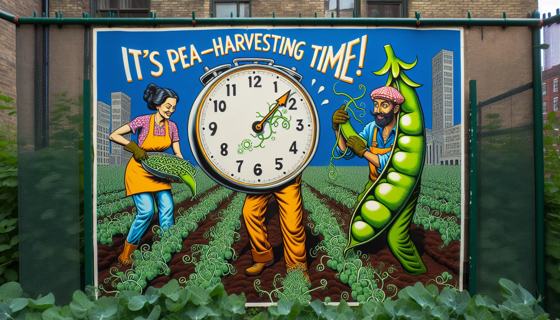 An imaginative and humorous scene set in an urban garden that communicates the optimal time to harvest peas. The scene features a South Asian woman and a Caucasian man, both of whom are clad in bright gardening garb and knee-deep in flourishing pea plants. The woman is holding up a pea pod as large as a loaf of bread, and the man wear a watch with a clock face replaced by a ripe pea pod. Spiraling text above them reads, 'It's pea-harvesting time!' The art should inspire people to partake in the joy of gardening.