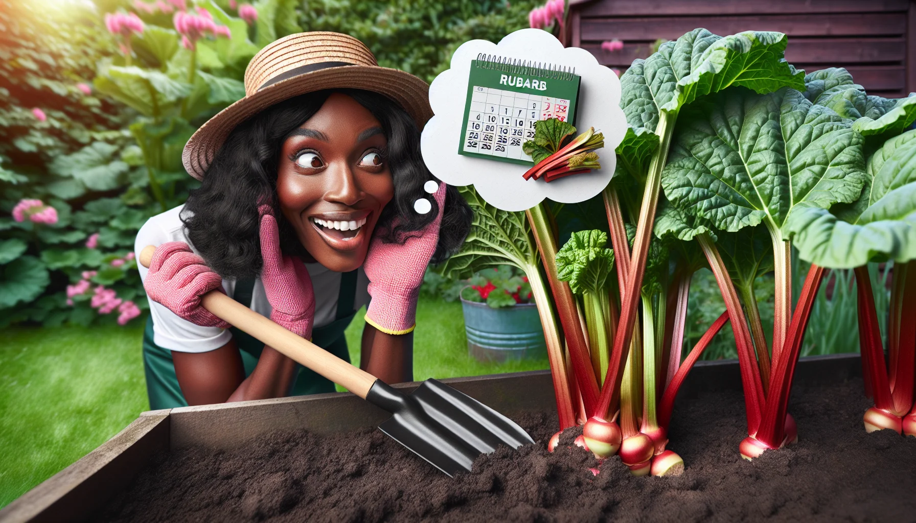 Create an amusing and enticing scene encouraging people towards the joys of gardening. Showcase a Black woman with a twinkle in her eye, wearing a gardener's hat and gloves, kneeling down next to flourishing rhubarb plants in a well-kept garden. Her surprised expression indicates that the rhubarb is bigger than she expected. Include an insinuated thought bubble above her head with a calendar marked with the ideal time for picking rhubarb. Let the settings reveal the happiness that gardening could bring.