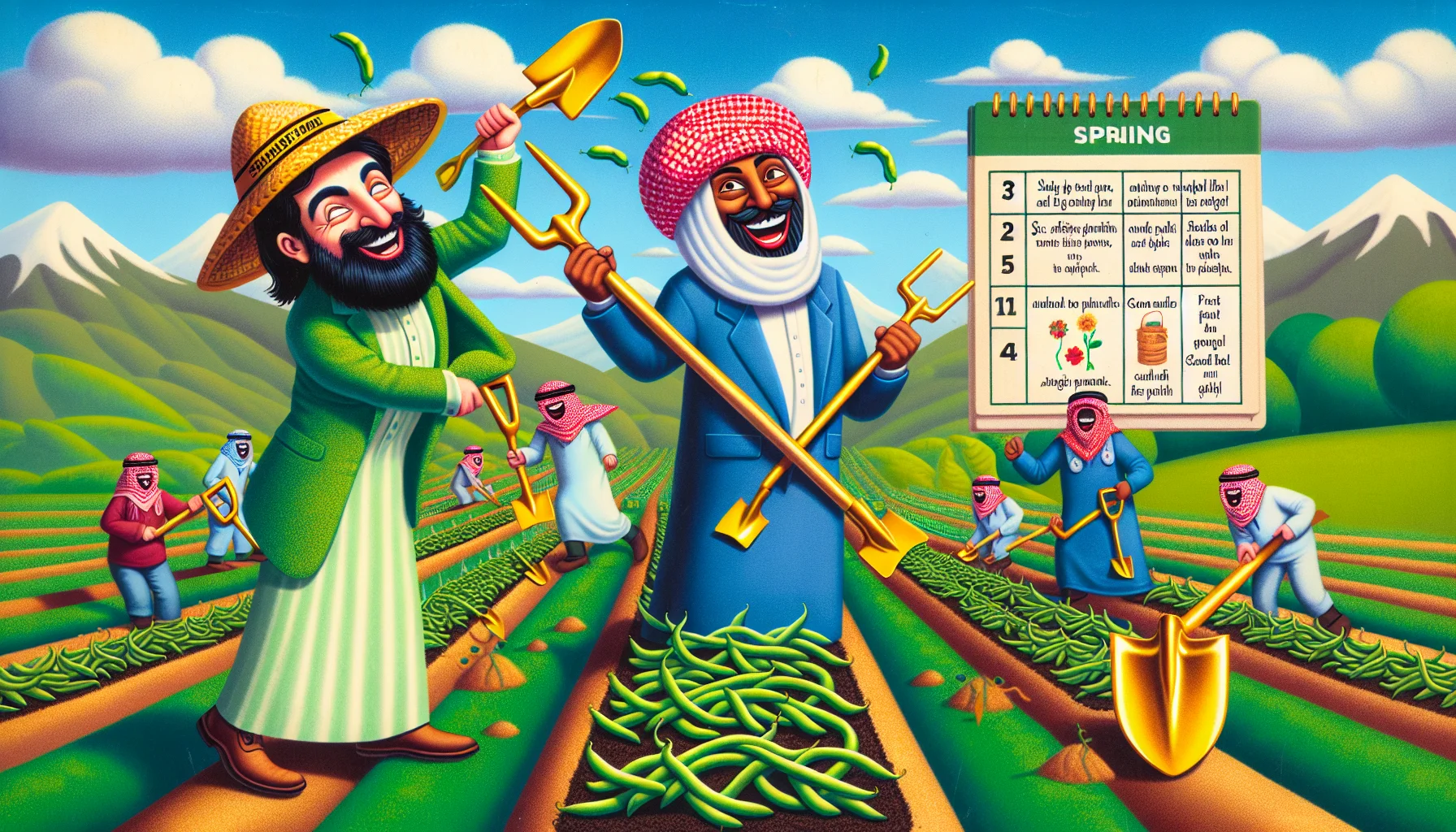 Imagine an amusing scene of bush beans gardening portrayed as a seasonal event. Middle-Eastern man and Caucasian woman with golden shovels on a vibrant green field, humorously racing against each other to plant the beans, while wearing hats labeled 'Spring Planters'. A colorful calendar in the sky with arrow pointing to 'Spring' laughing cheekily. Include annotations with careful details on how and when to plant bush beans in a fun, engaging way to inspire people to take pleasure in gardening.
