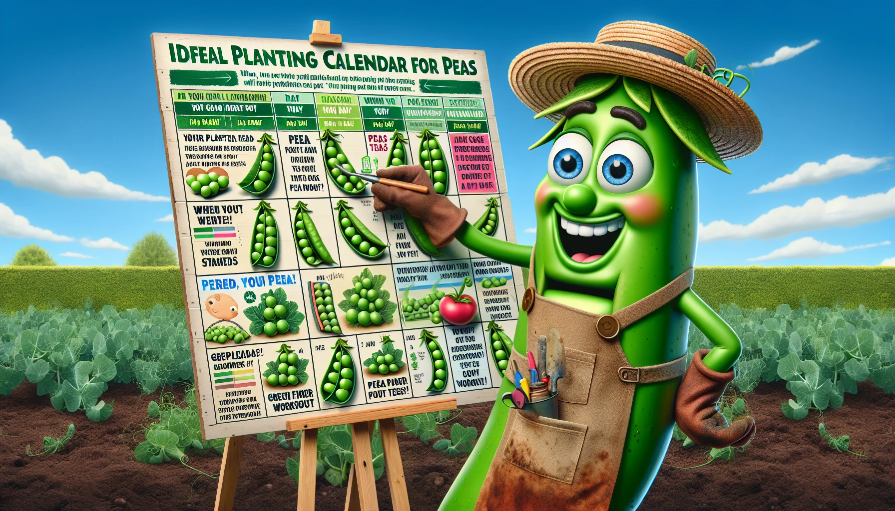 Generate a humorous and realistic image of an animated English pea character enthusiastically demonstrating an ideal planting calendar for peas. It's dressed in typical gardening attire with a straw hat, apron and muddy gloves. In its hands, it's holding a huge vibrant tutorial chart. The chart details clear instructions on when to plant peas, with markers indicating specific months and funny annotations like 'Pea party time!' and 'Green finger workout'. Emphasize the peas' different growing stages to further aid amateur gardeners, with the background featuring a lush home garden landscape under a clear sky.