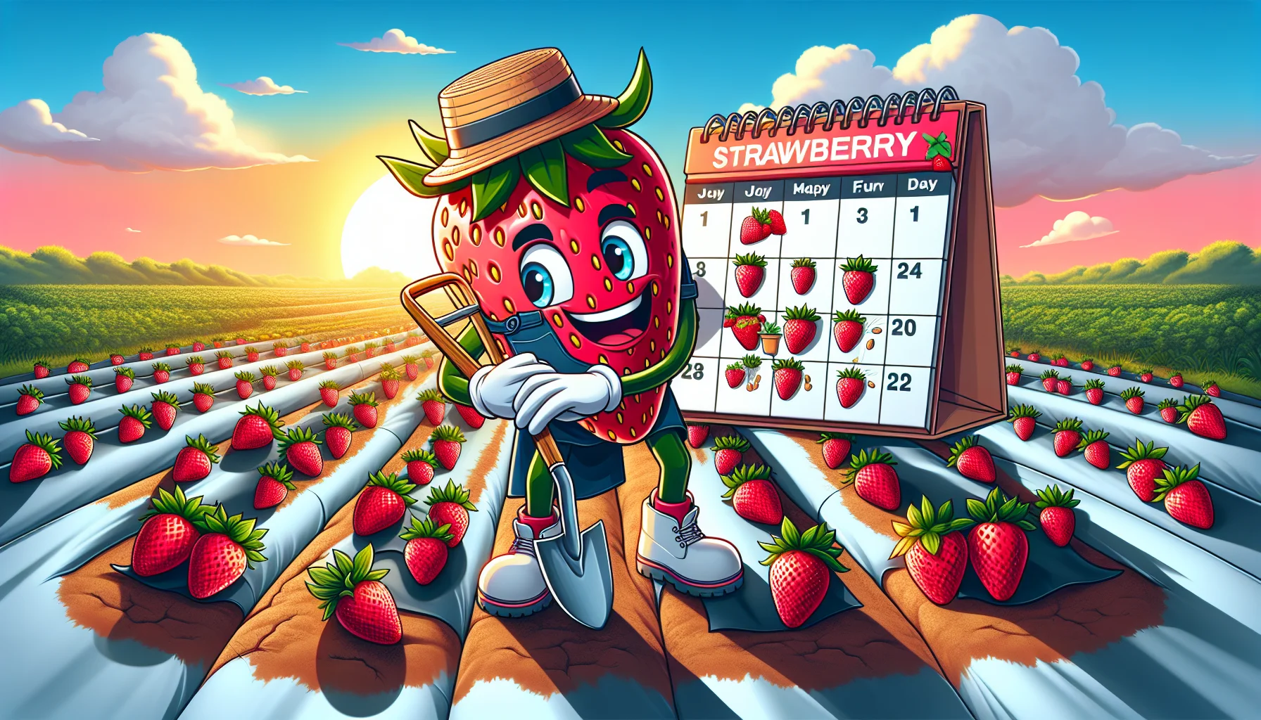 Capture an amusing and encouraging scenario about strawberry gardening in Ohio. Portray an animated, lifelike calendar with the best planting times prominently highlighted. Perhaps include a strawberry character with a spade, wearing a gardener's apron and hat, looking excited to plant seeds into fertile soil. Also, maybe incorporate visual jokes related to strawberries or gardening. Couple it with a vibrant sunrise in the background indicating the start of a new thriving gardening season. The aim is to inspire people eagerly to partake in strawberry cultivation and making the garden chores enjoyable.