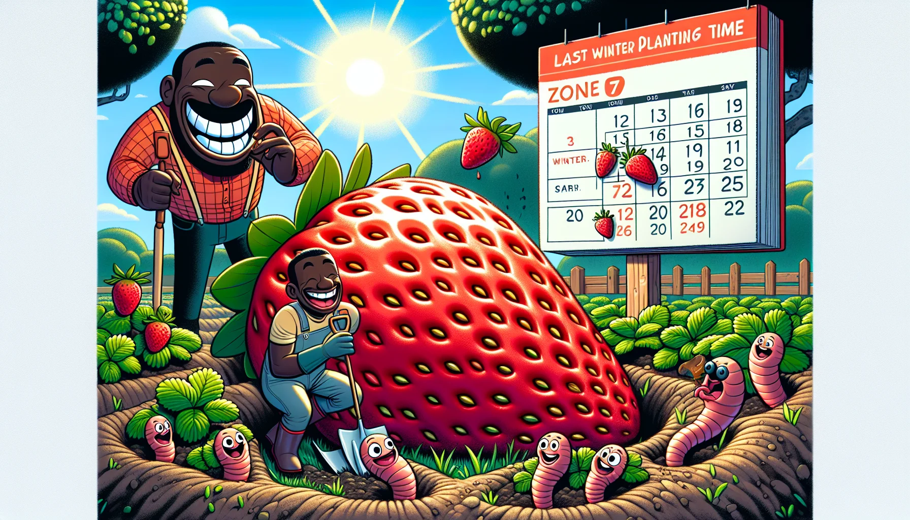 Illustrate a comedic scenario set in a lush garden, depicting the preferable season of planting strawberries in zone 7. Show a human character of Black descent, with a hearty laugh, as they mischievously bury a calendar displaying late winter to early spring dates, symbolizing the best planting time. To encourage gardening, show the same character marveling at a ripe, oversized strawberry, gleaming in sunlight, while a group of friendly earthworms with cartoonish eyes curiously observe the whole scenario, offering tiny gardening tools.