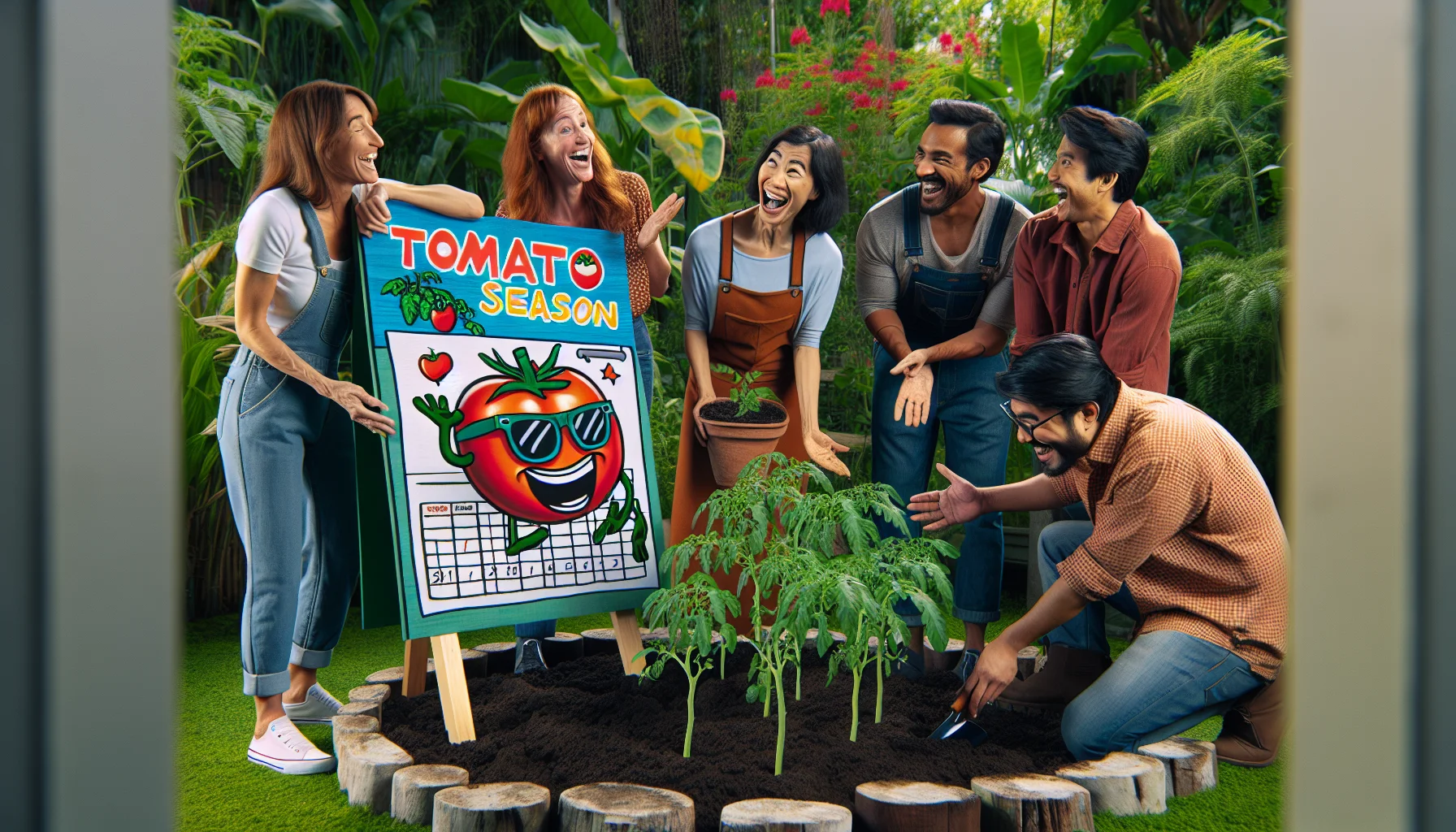 Create a humorous and realistic setting in a lush, green garden where a group of multinational individuals are planting tomato seedlings. One Caucasian woman seems to be teaching her companions: a Middle-Eastern man, a Hispanic woman, and a South Asian man, having a laugh about something. A large, colorful signboard stands nearby, comically depicting a tomato with sunglasses and a sly grin, holding a calendar marked 'Tomato Planting Season'. The joy and hilarity of the scene inspire a love for gardening.