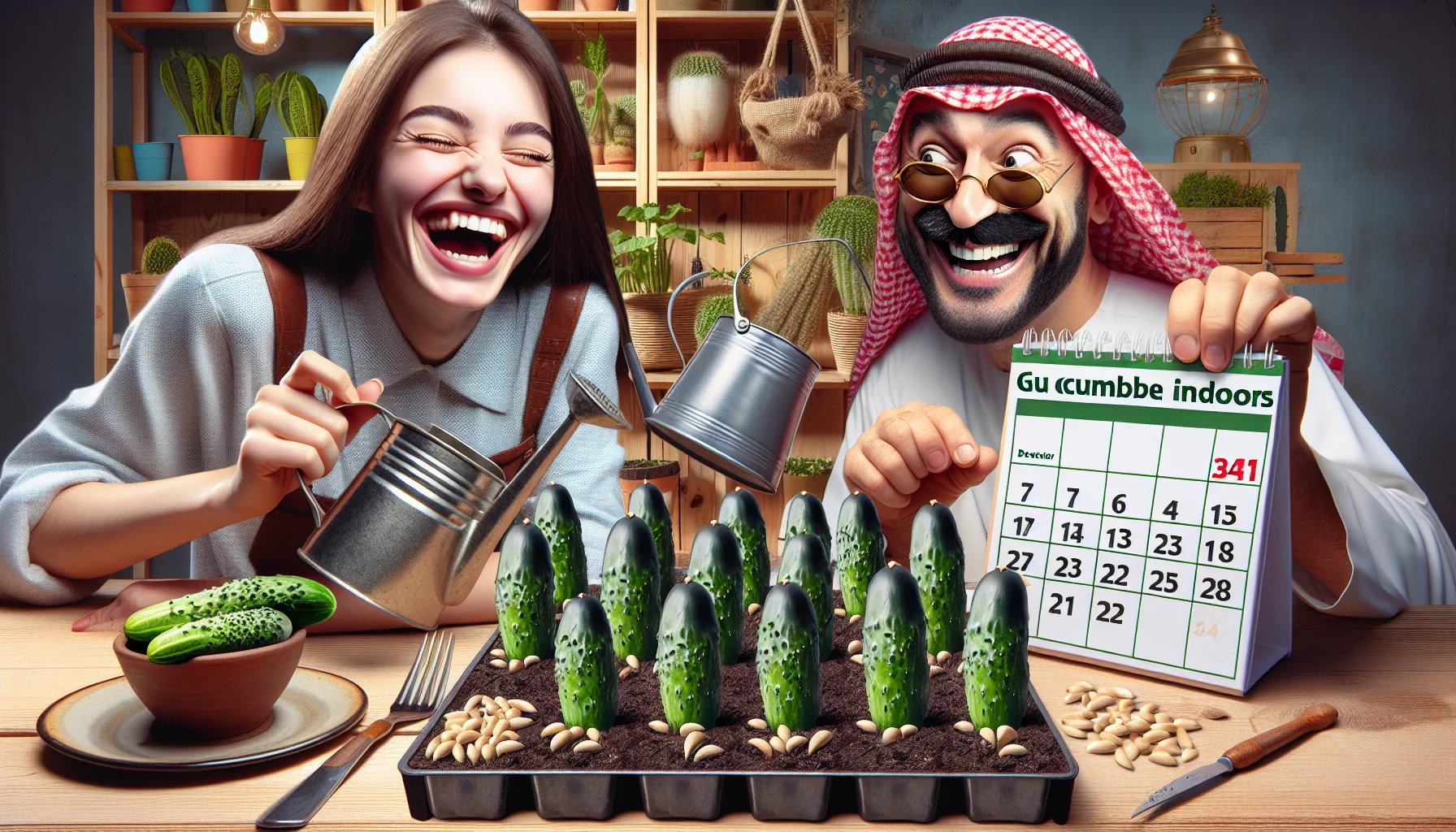 Create a humorous and realistic image that presents the concept of starting cucumber seeds indoors as an enjoyable gardening activity. The image depicts a set of cucumber seeds arranged on a tabletop next to a calendar marked with a date signifying the ideal time to start the activity. A young Caucasian woman laughing cheerfully as she plants the seeds, and a Middle Eastern man with a quirky smile holding a watering can, ready to nourish the newly planted seeds. The background shows various indoor plants and gardening tools, accentuating the vibe of indoor gardening.