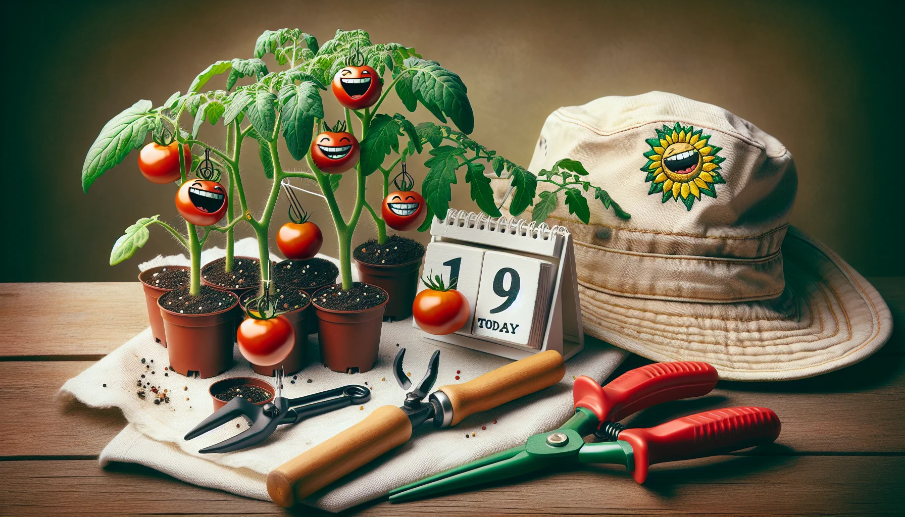 Craft an amusing image that showcases the best time to start growing tomatoes indoors. In this jovial scene, a few tomato plants are equipped with tiny comical calenders, showing that it's time to start sowing. The plants are surrounded by standard indoor-gardening tools for context. The vibrant green leaves and red tomatoes on the plants are surrounded with a joyful atmosphere with subtle indications of laughter, like a gardening hat with a chuckling sunflower emblem, to encourage people's interest in gardening.