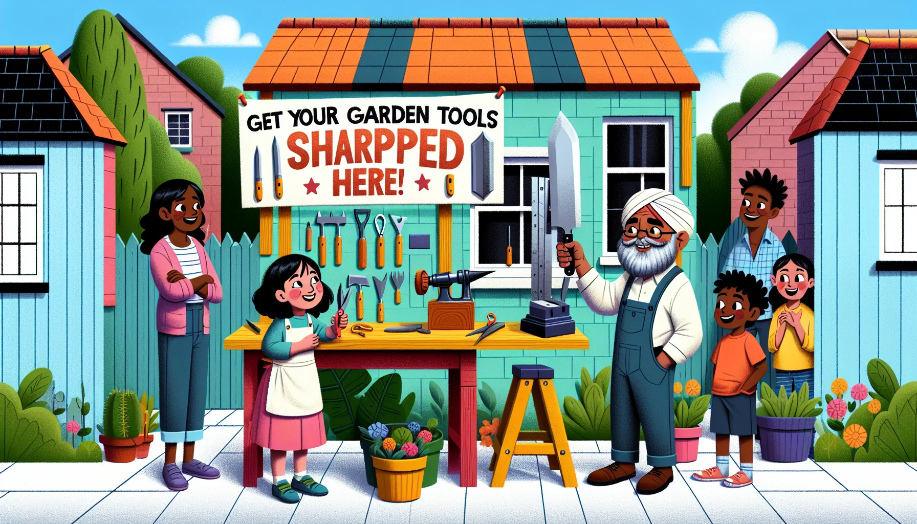 Create a playful and enticing scene set in a neighborhood. In the middle you see a South Asian man who is a gardener with an infectious smile, sharpening gardening tools at a vibrant workstation. A sign above reads, 'Get Your Garden Tools Sharpened Here!'. Nearby, a group of children, a Hispanic girl and a Black boy, is playfully mimicking the gardener with toy tools. A Caucasian woman stands to the side, watching the scene with sparkling eyes, holding her own dull tools, clearly amused and inspired to start gardening.