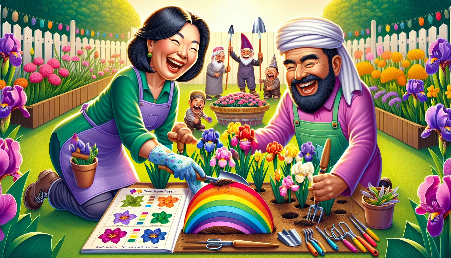 Create a lively and amusing garden scene where a rainbow of delightfully colored iris flowers is being planted. An East Asian woman and a Middle Eastern man, both donned in vibrant gardening attire, are seen enthusiastically digging holes around the garden. Their faces are lit up with joy and determination, making the task look enjoyable and light-hearted. The garden, full of blooming flowers of various kinds, is bathed in soft sunlight, adding a warm and welcoming ambiance to the scene. An array of gardening tools and a vibrant plant chart showing where to plant the iris flowers gracefully lie on the table beside them. Comedy ensues as a group of goofy garden gnomes seem to be helping with the planting, adding a heartwarming touch of humour and whimsy to the scene.