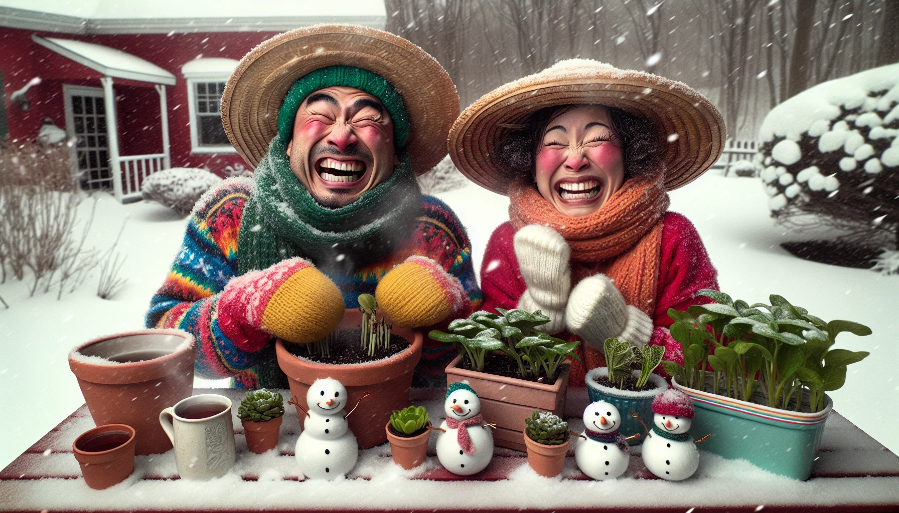 A humorous winter scene filled with container gardening taking place on a snowy day. A South Asian man and a Hispanic woman are giggling while wearing colourful winter outfits, over-sized mittens on their hands and wide-brimmed straw hats to shield their eyes from the falling snow. Their cheeks are flushed from the cold and they're messing about, planting winter greens in frost-resistant pots with tiny snowmen ornaments beside them. The garden is alive with hardy winter blooms and their hot tea steams up from the table nearby, evoking the warmth of summer amid the chilling winter scenes.