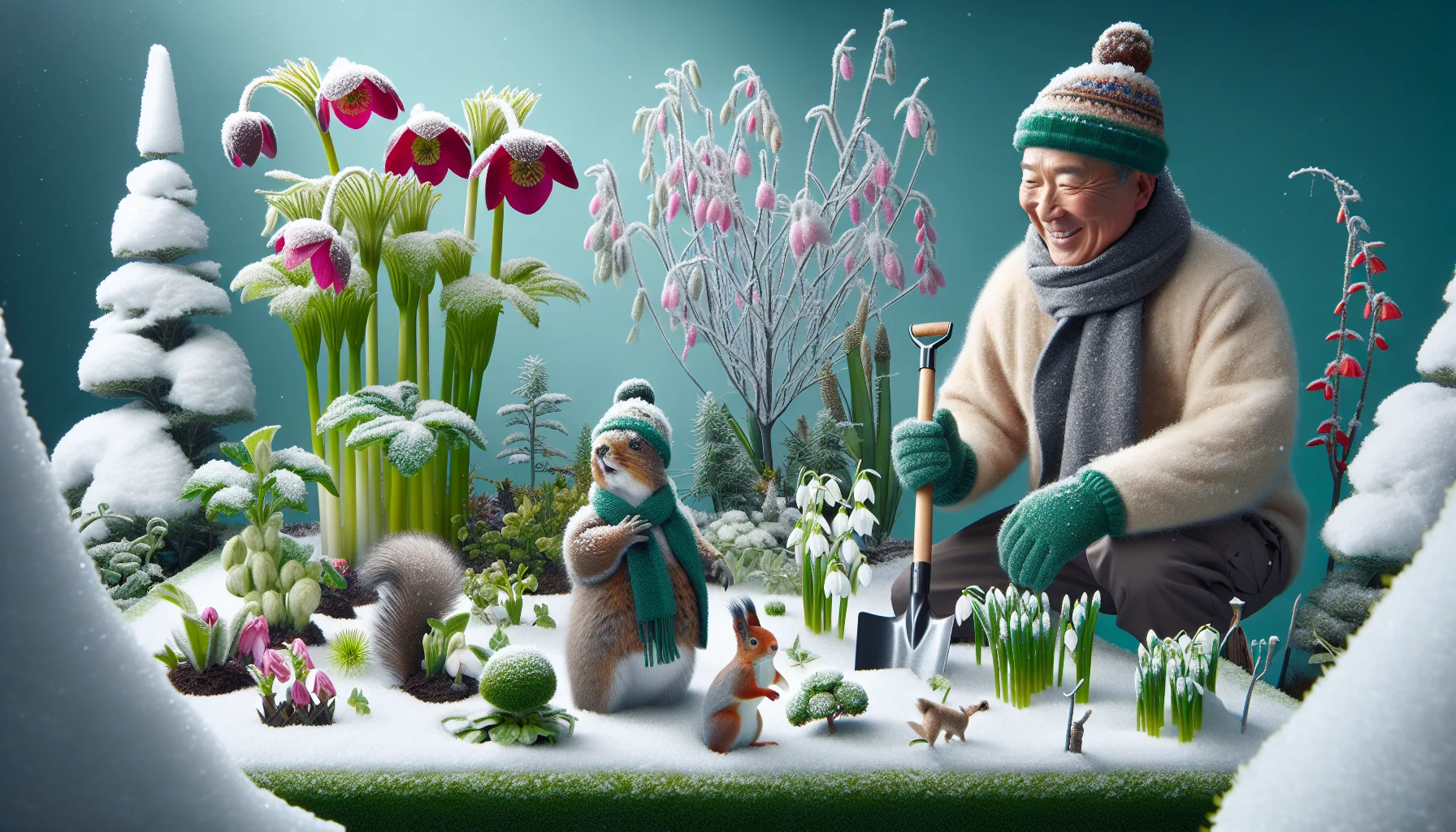 Design a hyperrealistic scene that depicts an amusing gardening event occurring amidst the icy elegance of a winter garden. Visualize a variety of winter-appropriate plants, such as hellebores, snowdrops, and winter jasmine, revealing their vibrant hues from within snowy blankets. Establish a hilarious moment where a lively East Asian male, wearing a cozy gardener attire, humorously interacts with a quick-footed squirrel over a frozen spade. Inject a sense of fun and adventure by adding humorous elements, such as plants equipped with miniature hats and scarves, turf flaunting oversized earmuffs, or a snow figure masquerading as a gardener.