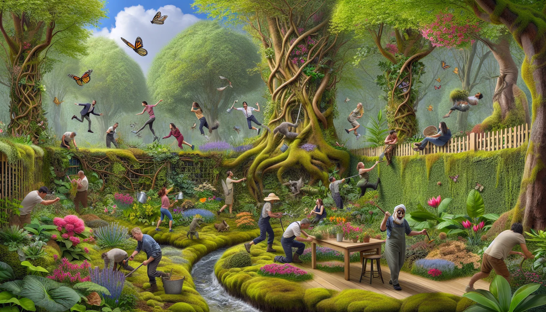 Create a humorous and highly detailed image of a woodland garden. The design of the woodland garden should be intricate and realistic, displaying a variety of native trees and vibrant flowering shrubs, with a carpet of moss and ferns underfoot. Integrate a scenario where a diverse group of people of different genders and descents such as Caucasian, Hispanic, Middle-Eastern, and Black are enthusiastically participating in gardening activities. They could be over-watering flowers, chasing a butterfly away, or laughing while trying to disentangle from a clinging vine. This image should provoke a sense of humor and inspire people to engage in gardening.