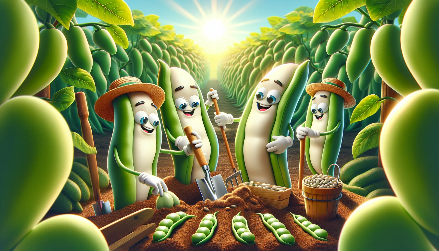 Prepare a captivating illustration where a group of cartoonish blanched green beans are in a humorous scenario, promoting the joys of gardening. In this animated world, the beans are portraying gardener roles, wearing small straw hats, and handling tiny gardening tools. They are cheerfully working together in a sunlit garden, tilling the soil, and planting green bean seeds. The background is abundant with ripe green bean plants growing in rows. The sight is filled with positive energy, making the act of gardening look fun and enjoyable, thereby encouraging people towards home gardening.