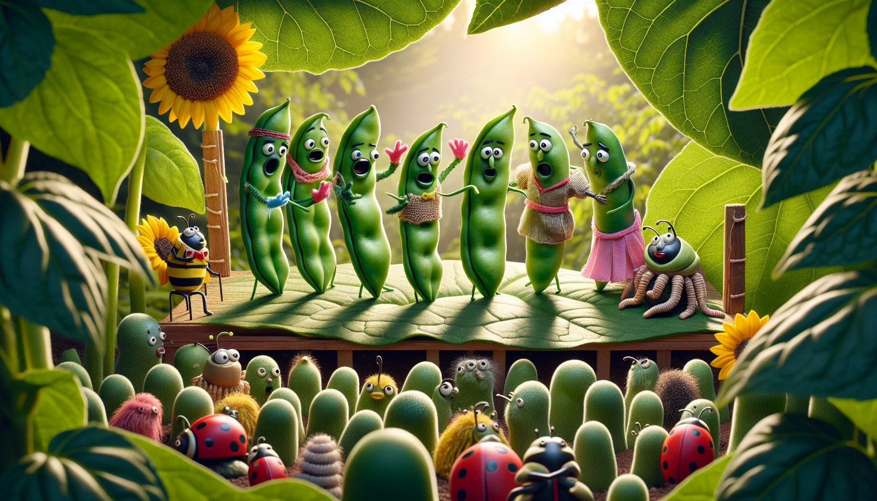 Create a detailed and realistic scene where an animated group of raw green beans are putting on a theatrical play in a lush garden. The beans are anthropomorphized and exhibit expressions of joy and excitement. They don vibrant costumes, are standing on a leaf-stage under a sunflower umbrella. A mixed group of garden creatures like bees, ladybugs, and worms, who are portraited in a non-frightening way, are watching the performance, mesmerized. The mood is light, the colors are bright, making the spectacle even more enticing. The scene captures the fun and joy associated with gardening while prompting a chuckle.