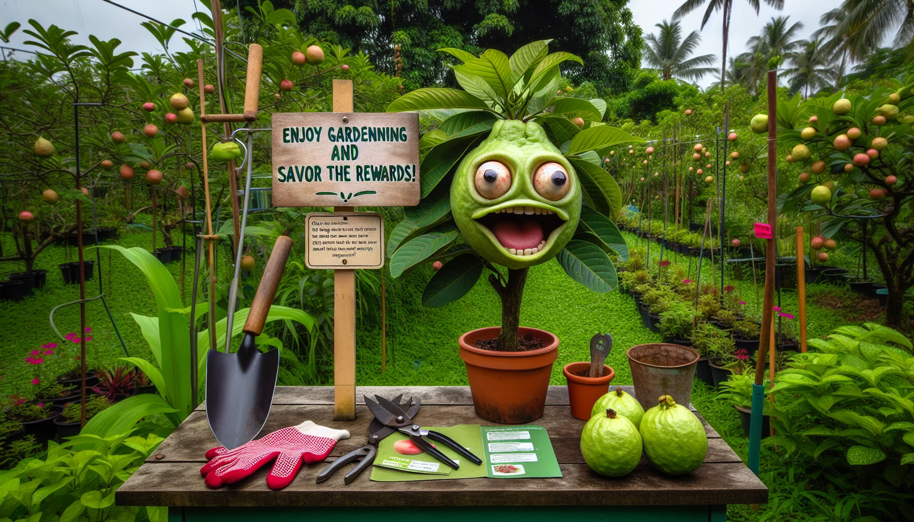 Envision a humorous scene in a lush green garden. In the midst of all the beautiful plants, a peculiar sight captures your attention: an overly ripe guava fruit that has somehow grown a hilariously exaggerated face, on a small tree in the center. Its eyes portray surprise, and its mouth is set in a wide smile, as if enjoying a private joke. Next to it, a sign reads 'Enjoy gardening and savor the rewards!' Nearby, a pair of garden shears and gloves rest on a table, indicating the labor and care that goes into maintaining such a garden, thus enticing viewers to try gardening themselves.