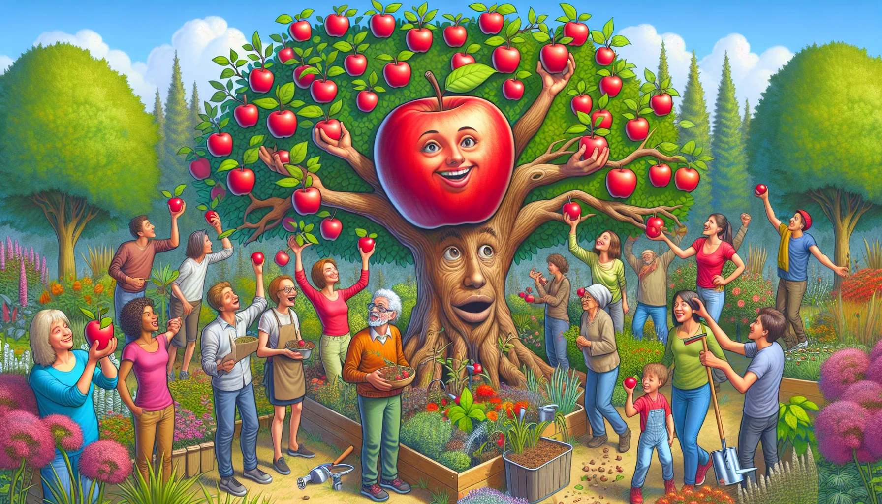 Generate a detailed and humorous image of a Malus Pumila, better known as an apple tree, engaging people with its animated expressions and actions to take part in gardening. Show the tree's branches acting as human arms, waving and offering bright red apples to passersby. Around it should be a lush garden showcasing diverse flora. Various people of different genders and descents such as Caucasian, African, and Asian, of different ages from children to seniors, are happily interacting with the tree, some are planting seeds, watering plants, and others enjoying the fresh apples amidst laughter and enjoyment.