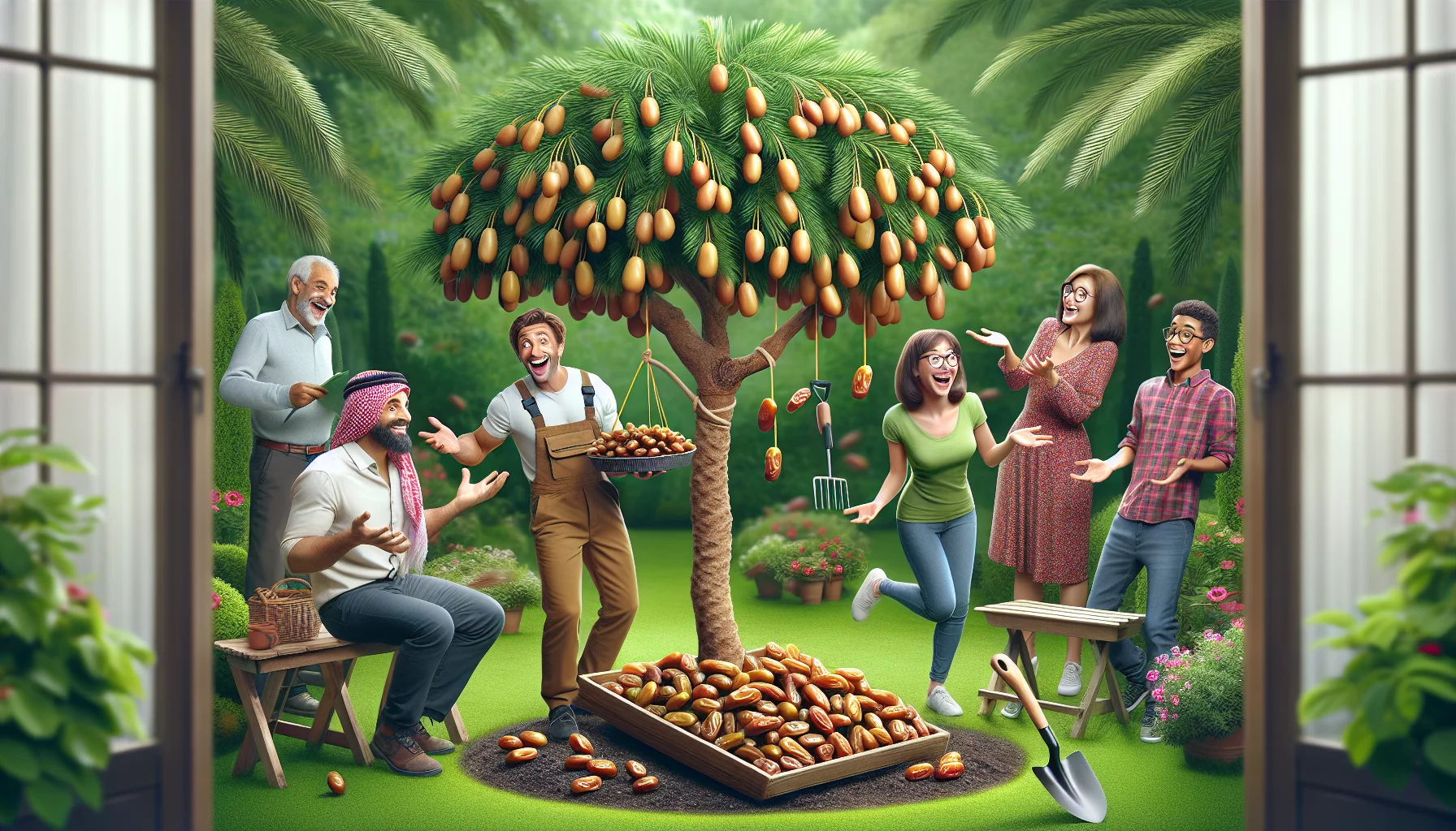 A vivacious and realistic scene transpires in a lush garden, where a medjool date tree stands charming and generously laden with ripe dates. It's surrounded by gleeful people of diverse descents, such as a Middle Eastern man, a Caucasian woman, and a Hispanic teenager, all engaged in fun garden activities. They express amusing surprise as the tree playfully drops dates into their gardening toolboxes. This convivial tableau radiates camaraderie and the joy of gardening, making it seem like an enjoyable pastime.