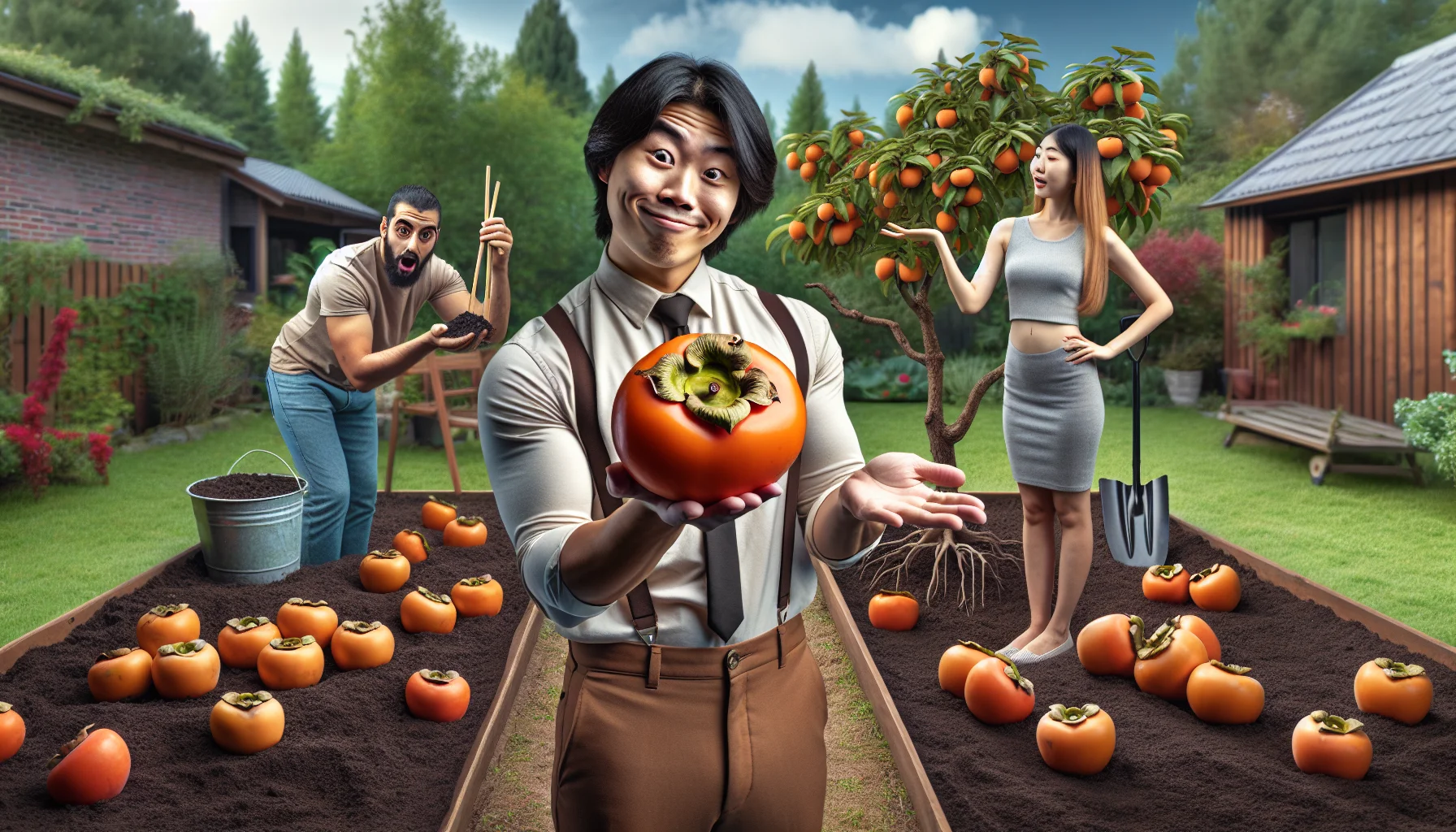 Imagine a humorously engaging and realistic scene set in a verdant garden. In the foreground, an Asian man is presenting a ripe persimmon. He holds it aloft like a prized possession, showing a cheeky smile. Beside him, a Middle-Eastern woman is preparing to taste a slice of persimmon with an excited look. In the background, a Caucasian youth is planting a persimmon seed with hopeful eyes. Beautiful persimmon trees scattered around the garden, promising a bounty of fruit, encouraging viewers to enjoy gardening and savor this delicious fruit.