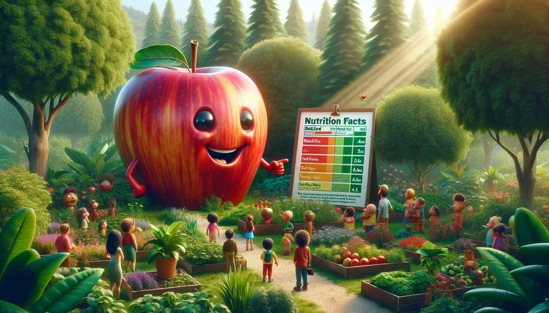 Create a comical and enticing scene set in a lush garden filled with diverse plants and trees, with a primary focus on a colossal red delicious apple. This apple stands majestically amidst the thriving garden, surrounded by a crowd of people of different descents and genders, all looking in awe. The red delicious apple comes to life, sporting a friendly grin and pointing to a chart floating beside it. The chart humorously showcases the nutrition facts of red delicious apples, painted on it with varying vivid colors. Sunlight filters through the trees, adds a radiant glow to the scene, making it a captivating visual treat, promoting both nutrition and the joy of gardening.