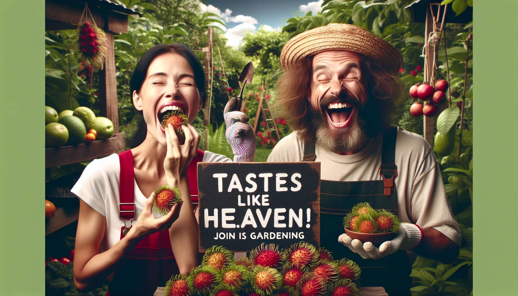 Create a humorous and enticing image that embodies the flavor of a rambutan. Picture this: A lively South Asian woman and an enthusiastic Caucasian man both in gardening clothes in an abundant garden. The woman holds a ripe, peeled rambutan near her mouth, eyes closed in anticipation. The man is laughing and holding a rambutan-themed sign that says, 'Tastes Like Heaven! Join is in Gardening'. Their faces express the joy of gardening and the deliciousness of the fruit. The garden behind them is filled with various other fruits and vegetables.