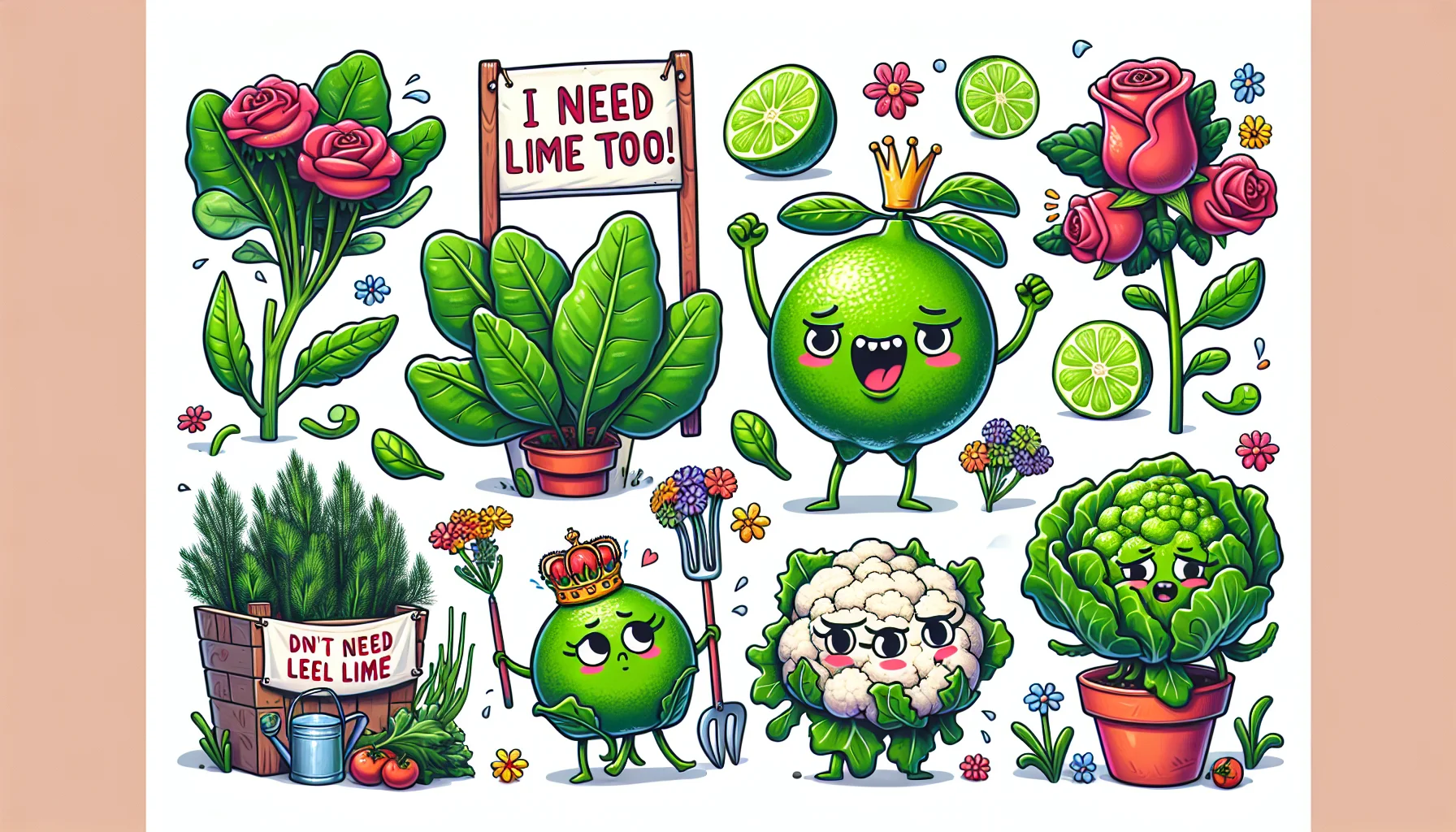 A fun and lively garden scene with various types of garden vegetables and flowers arranged in humorous vignettes. One notable spot shows a plump lime, with a cartoon face and tiny arms, acting like a king being carried on a leafy throne by spinach plants acting like servants, indicating their need for lime. Another side depicts a cauliflower with the text 'I need lime too' in a protest banner format. Roses in the corner are seen having a cute, friendly disagreement with daisies on the subject of lime needs, creating a friendly, educational, and enticing allure for gardening.