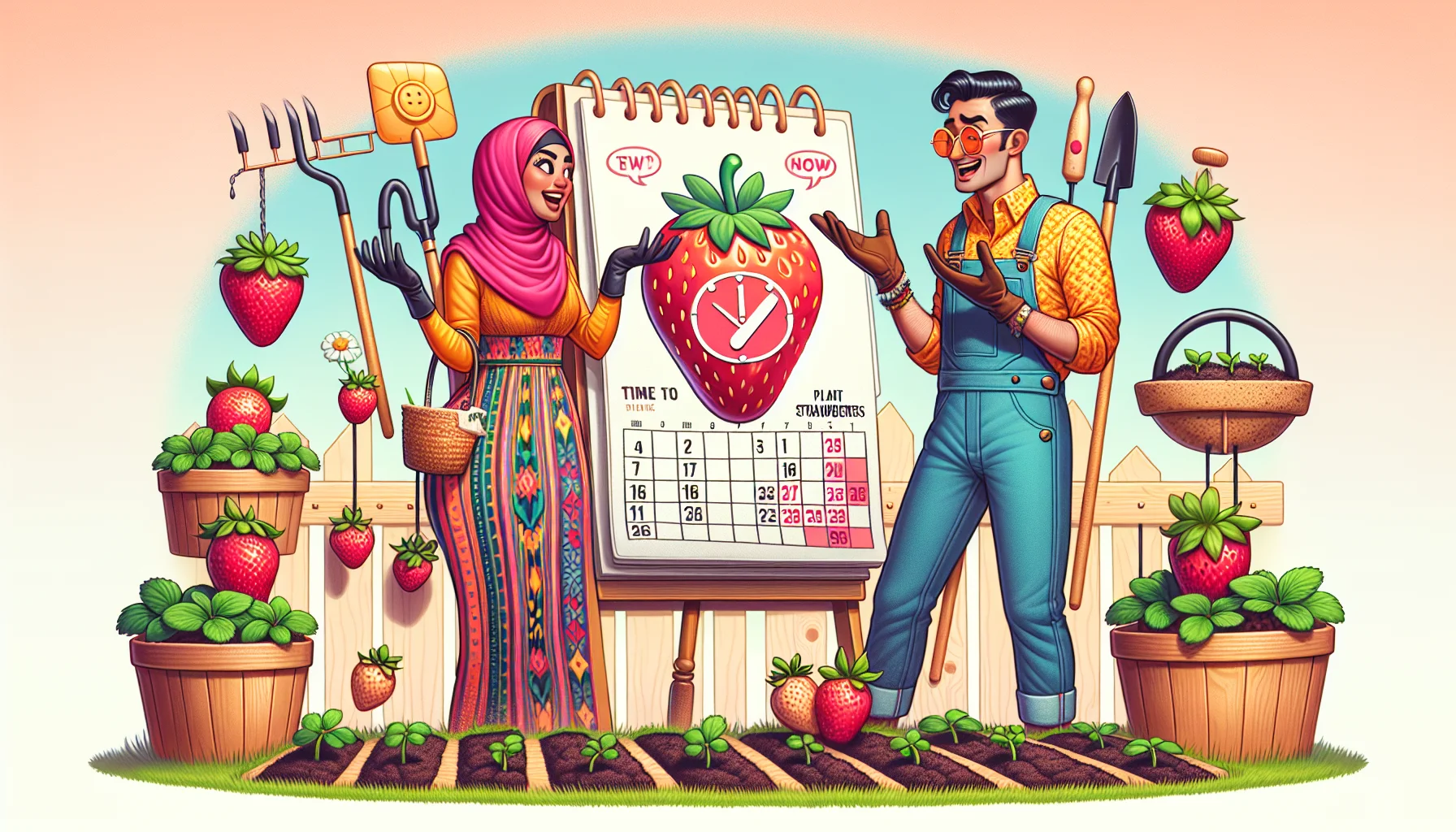 Create a playful and realistic image representing the best time to plant strawberries. Imagine a scene during Spring, where a Middle-Eastern woman and a Hispanic man are having a hilarious misunderstanding while looking at an oversized calendar with strawberry symbol on it. They dress in vibrant, but sensible gardening outfits and holding unique gardening tools. Beside them is an eager-to-plant garden full of sprouting seeds and a giant strawberry clock showing it's time to plant strawberries, implying the best time is now. They're surrounded by lush green strawberry patches. This whimsical image encourages people to enjoy gardening.
