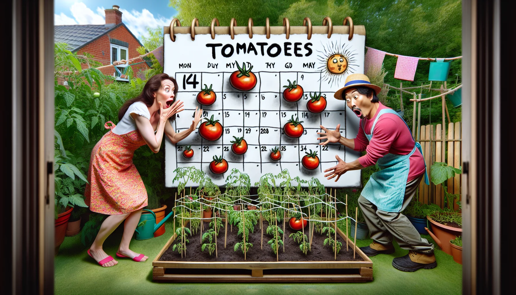 Imagine a humorous gardening scene: A Caucasian woman and a South Asian man, both dressed in colorful gardening attire, with exaggerated expressions of astonishment, are consulting a large, whimsical calendar hanging in their lush backyard filled with a variety of plants. Emphasize the word 'TOMATOES' scribbled in comical, bold letters on a sunny date in the calendar, with miniature tomato plants eagerly jumping off the page as if they're impatient to be planted.